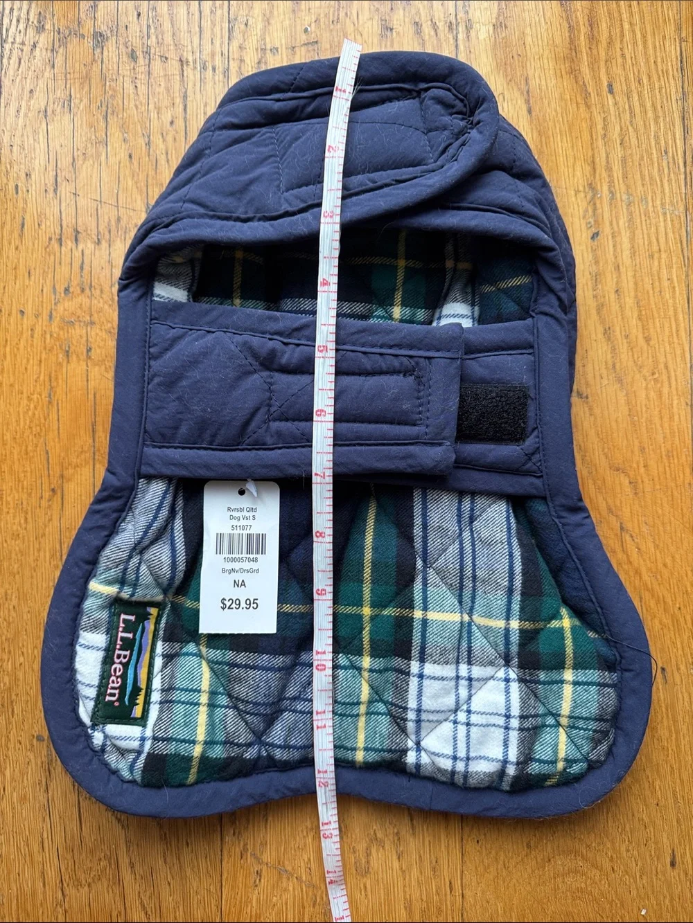 L.L. Bean | Navy Quilted Dog Jacket with Tartan Lining